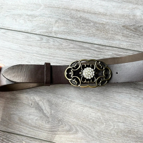 Vintage Jacob Jr Brown Leather Rhinestones Floral Buckle Belt main image 11